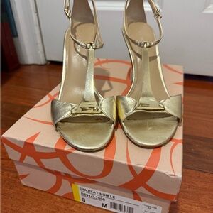 Via Spiga Metallic Gold T-Strap Heeled Sandals